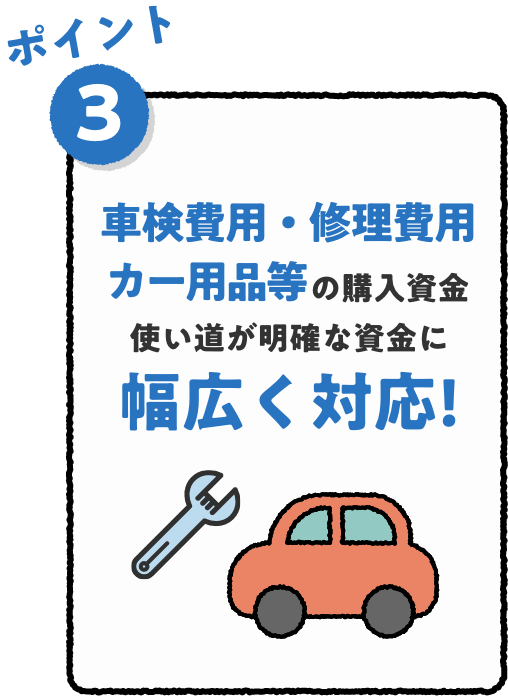 ポイント3 車検費用・修理費用・カー用品等の購入資金 使い道が明確な資金に幅広く対応!