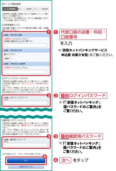 代表口座の店番・科目・口座番号、仮のログインパスワード、仮の確認用パスワードを入力してください